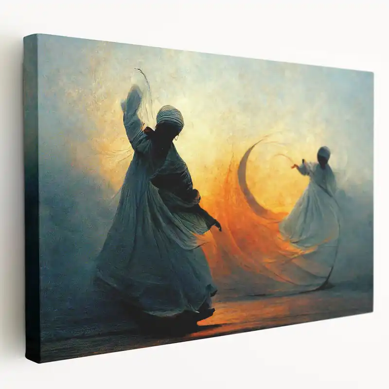 Abstract Dervish Dance Art - Spiritual Figures in Fiery Orange Glow Factory Price