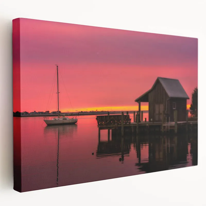 Discount OBX Scenic Art – Peaceful Sunset Dock with Sailboat Coastal Photography