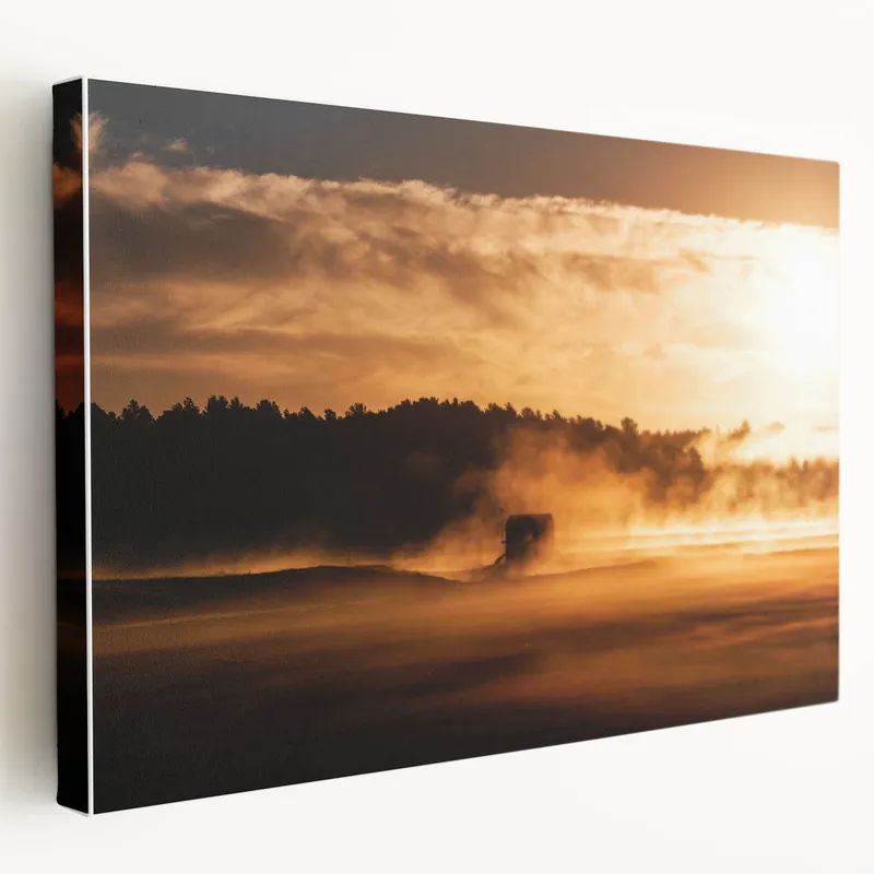 Viral Rustic Wall Art - Golden Sunset Landscape with Misty Rural Scene