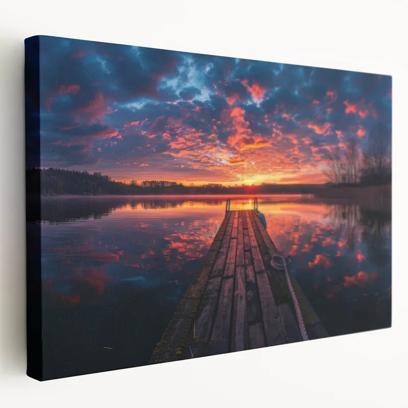 Charlotte Canvas Prints - Fiery Sunset Over Lake with Wooden Dock Authentic