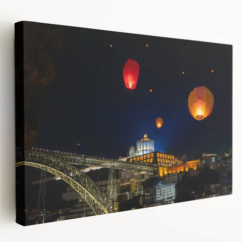 Scenic Porto Wall Art - Night Sky Lanterns over Dom Luís I Bridge Print Grab Now