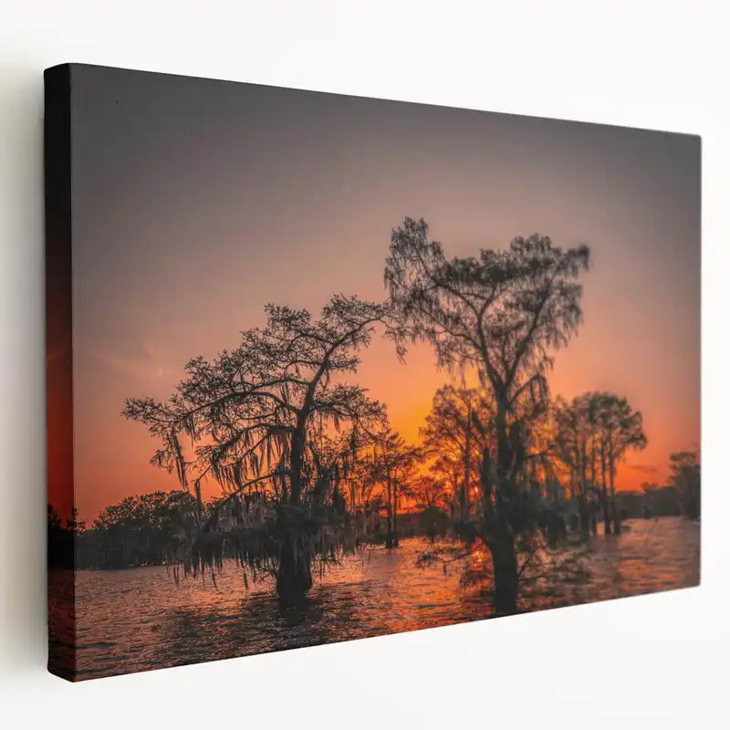 Louisiana Swamp Paintings - Fiery Sunset Over Cypress Trees and Bayou Flash Sale