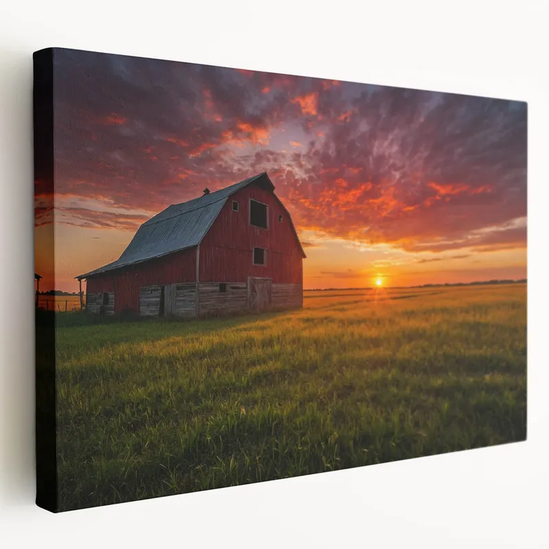 Handmade Iowa Scenery Prints - Red Barn at Sunset in Rural Iowa Landscape Canvas Prints