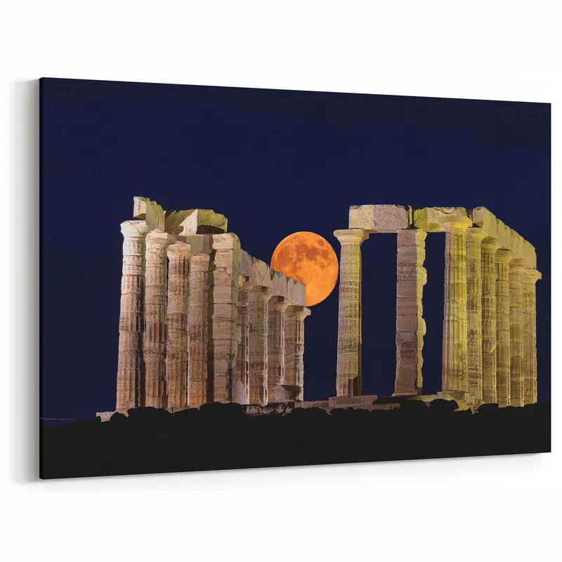 Handmade Ancient Greek Decor - Temple of Poseidon Canvas with Full Moon View