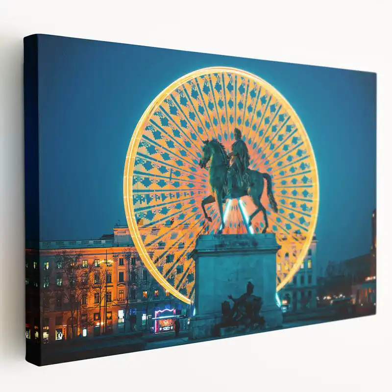 Lyon Skyline Painting – Vibrant Ferris Wheel and Louis XIV Statue at Night Weekend Sale