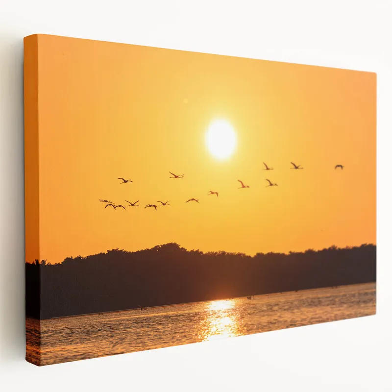 Best Seller Yucatan Canvas Art - Flamingos in Flight at Sunset over Scenic Lagoon