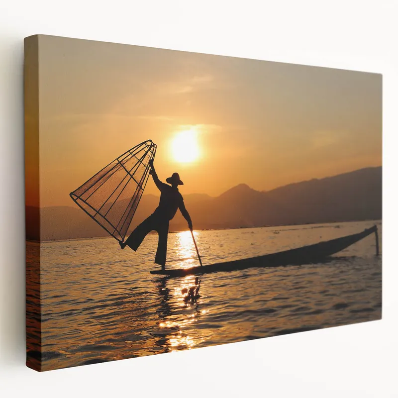Sunset Silhouette of Fisherman Myanmar Wall Art - Inle Lake Heritage Premium