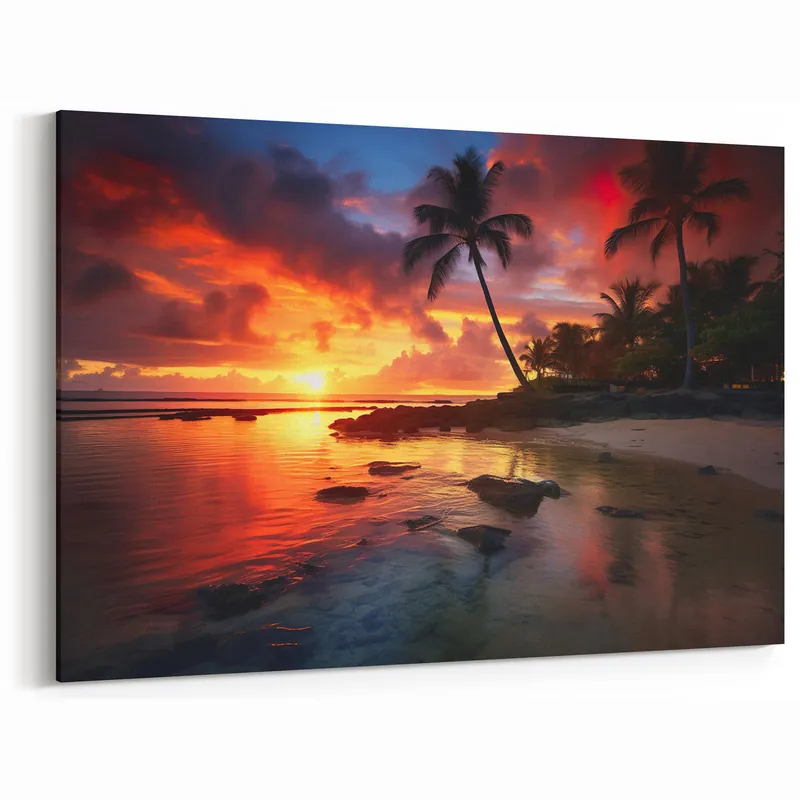 Bahamas Beach Paintings - Fiery Sunset Over Palm Trees and Coastal Waters High Quality