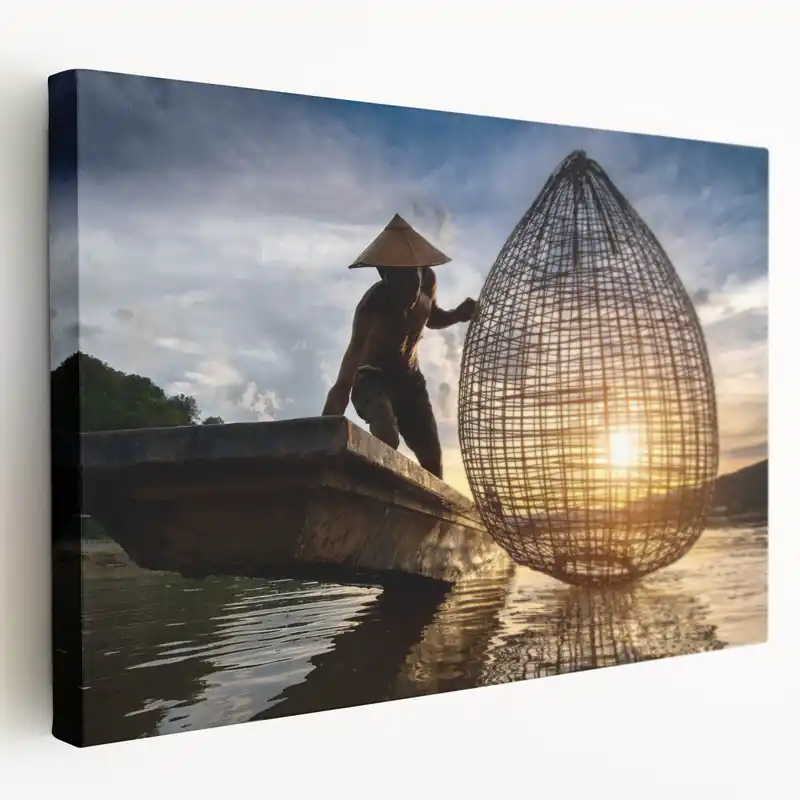 Limited Edition Laos Art Photography – Fisherman Silhouette at Sunset, Cultural Wall Art