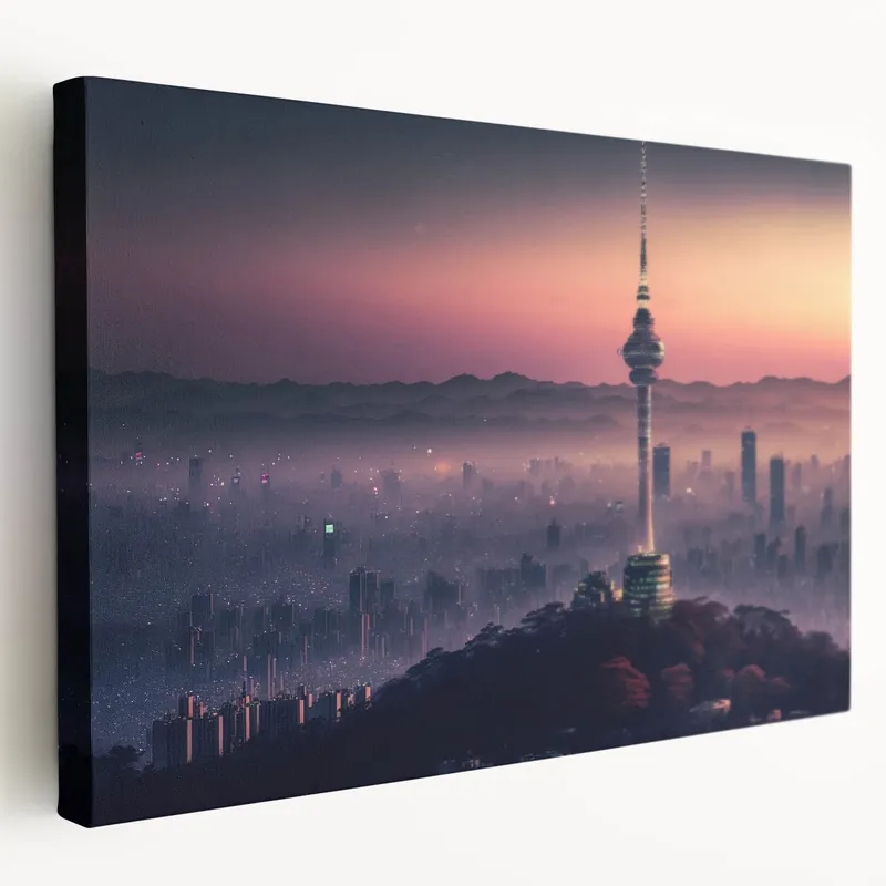 Trusted Brand Seoul Tower in Misty Dusk - Modern Korean Cityscape Wall Art on Canvas