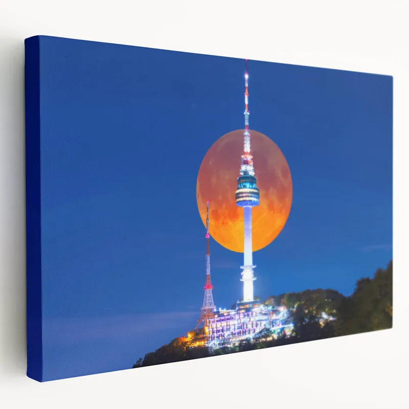 Seoul Tower with Full Moon - Modern Korean Wall Art on Acrylic Glass Direct From Manufacturer