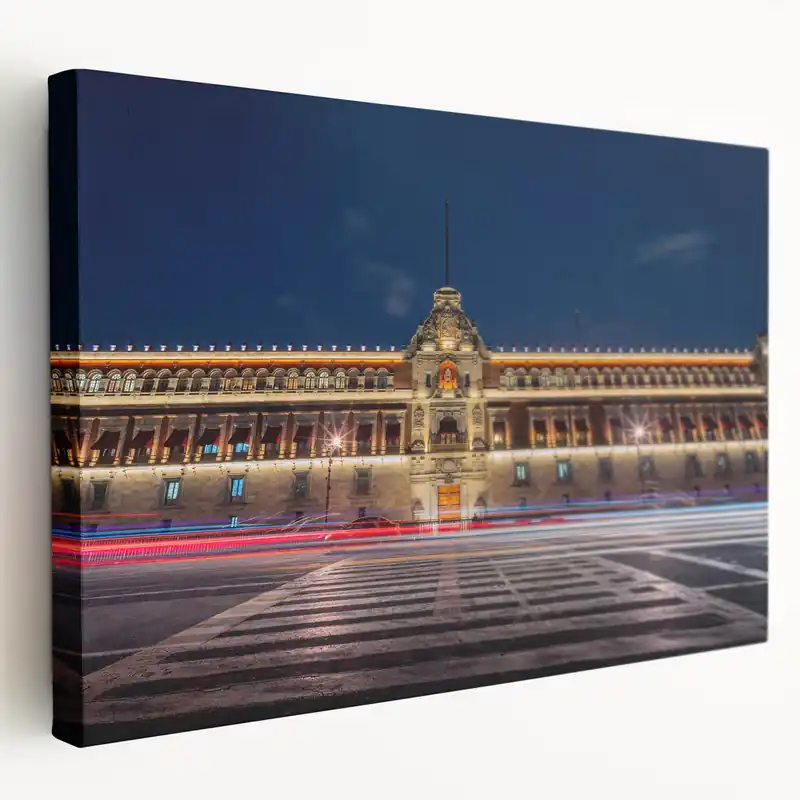 Mexico City Night Art - National Palace Illuminated Street View Canvas Express Delivery