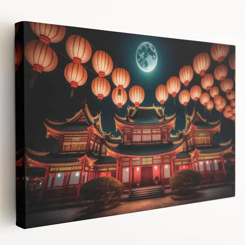 Kyoto Lantern Festival Art - Glowing Moon and Lanterns over Pagoda Best Seller