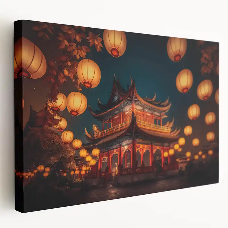 Free Shipping Kyoto Lantern Festival Art - Glowing Lanterns and Pagoda at Night