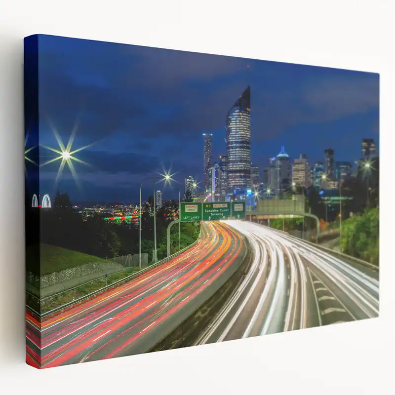 Dynamic Brisbane Light Trails and Skyline - Vibrant Wall Art Print Certified