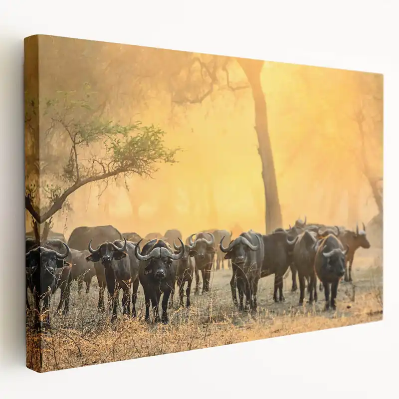 Crafted Zambia Wildlife Art - Majestic Buffalo Herd in African Wilderness Canvas Print