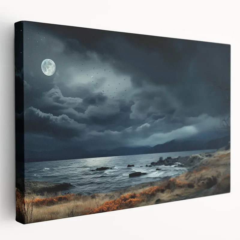 Professional Grade Moonlit Stormy Seascape - Dark Sky and Ocean Canvas Wall Art