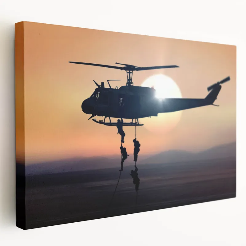 Sunset Military Operation Wall Art: Helicopter Canvas Prints for Decor Free Delivery
