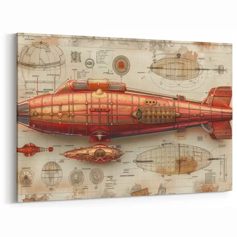 Steampunk Airship Blueprint Art | Vintage Dirigible Wall Decor Mega Sale
