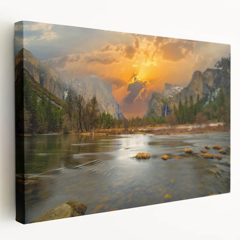 Sunset Over Majestic Mountains - Scenic Lake Wall Art with Fiery Skies Direct From Factory