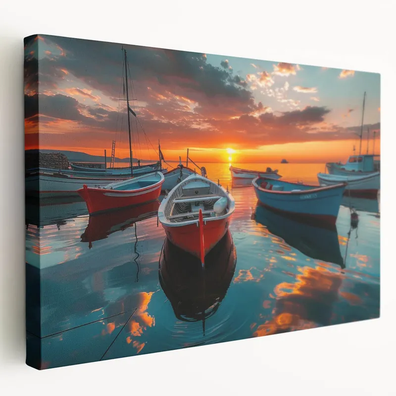 Sunset Harbor Wall Art - Vibrant Boats and Fiery Skies on Calm Waters Direct From Factory