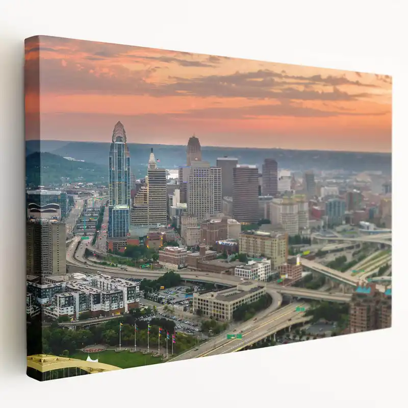 Direct From Factory Cincinnati Skyline at Dusk - Urban Sunset Cityscape Wall Art Print