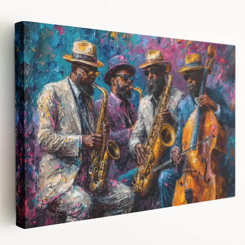 Don’t Miss Out Vibrant Figurative Abstract Wall Art - Jazz Musicians in Colorful Ensemble