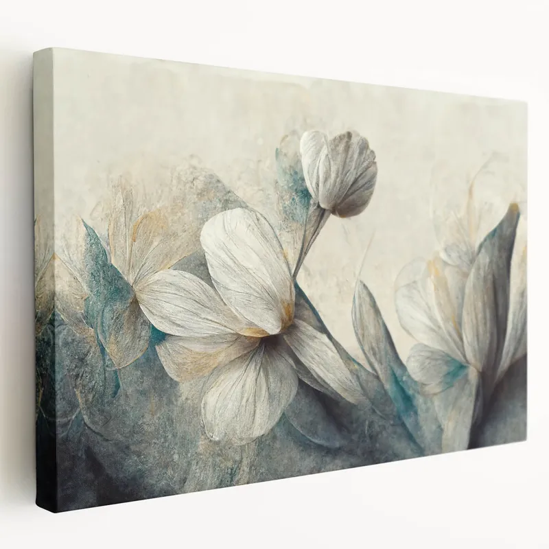 Vintage Floral Elegance - Contemporary Beige & Blue Living Room Wall Art Crafted