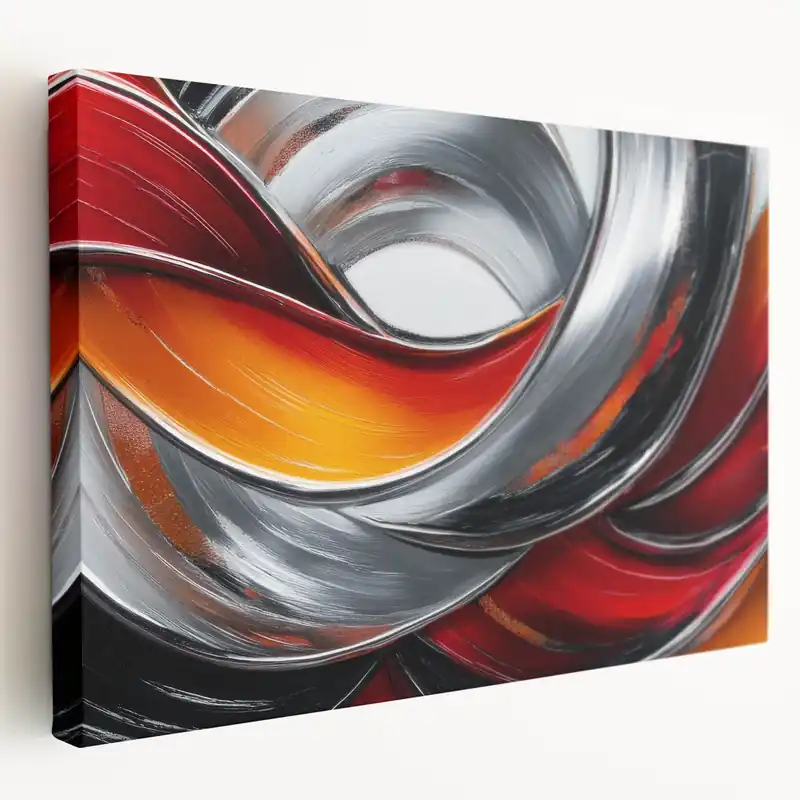 Viral Fiery Abstract Oil Painting – Bold Red, Silver & Orange Wall Art