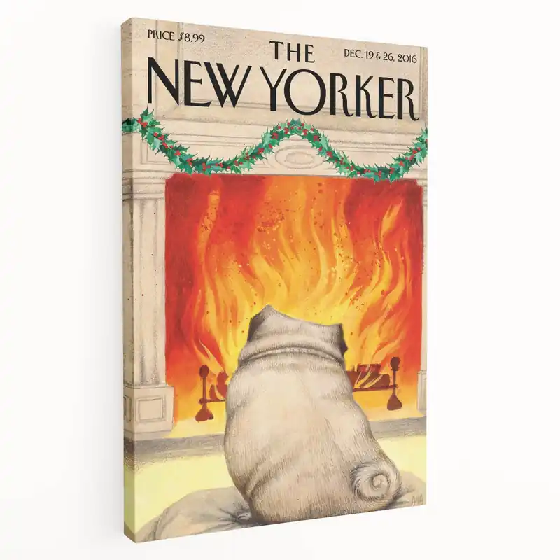 Vintage New Yorker Poster – Cozy Fireplace & Pug Illustration Place Order