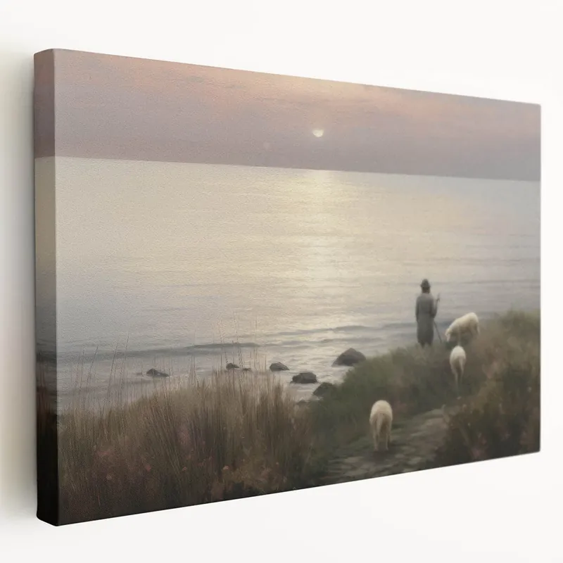 Vintage Animal Art - Shepherd with Sheep at Sunset by the Sea Instant Buy