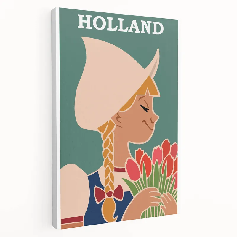 Vintage Holland Travel Poster – Dutch Girl with Tulips Art Premium