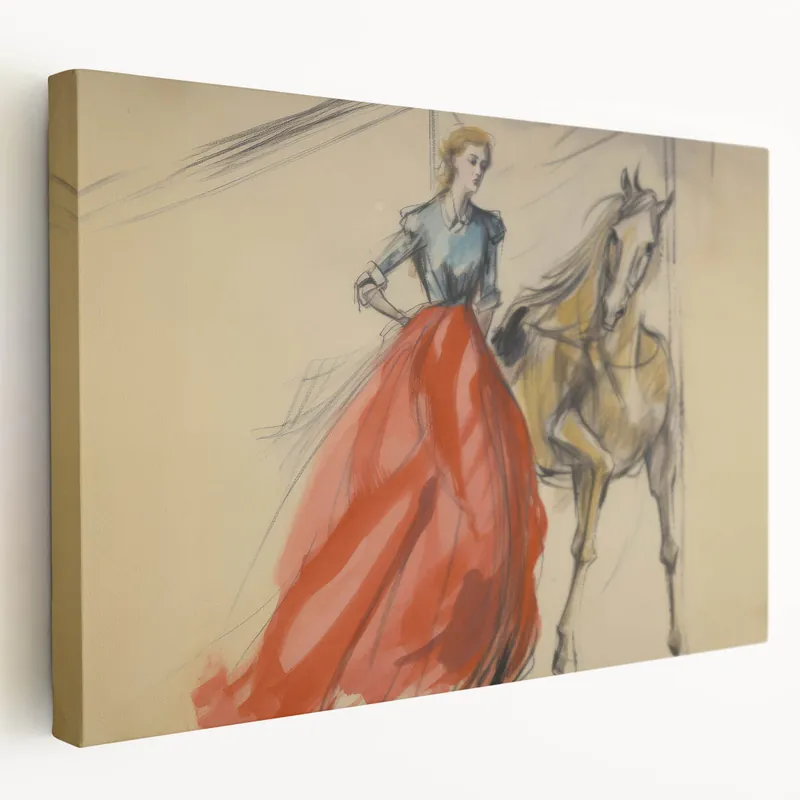 Professional Grade Vintage Portrait Art | Antique Equestrian Lady in Red Dress