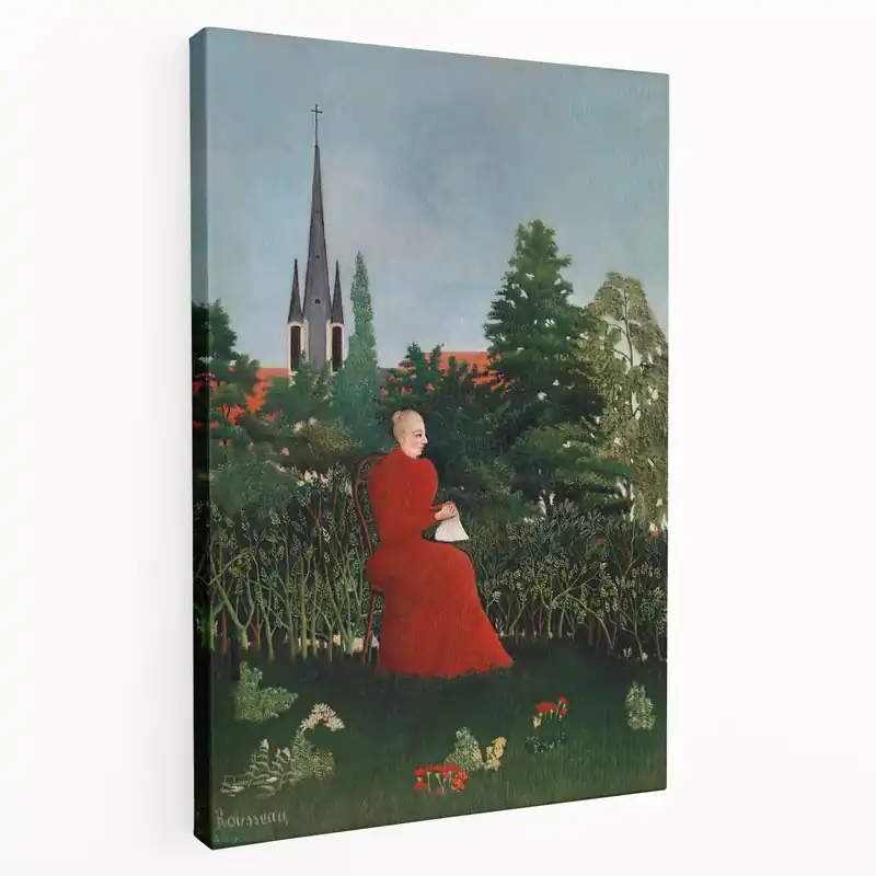 Modern Wall Art: Serene Portrait of Woman in Red with Verdant Landscape Top Rated