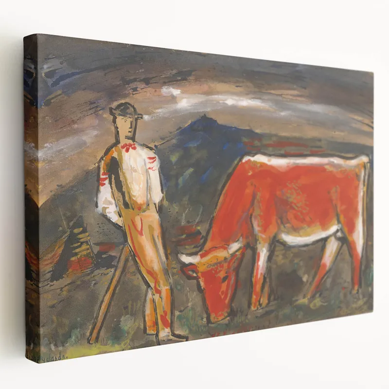 While Supplies Last Shepherd with Grazing Cow" by Mikuláš Galanda - Rustic Pastoral Scene