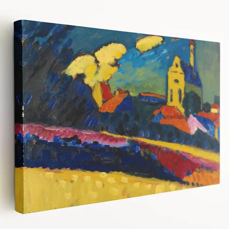 Secure Checkout Modern Wall Art: Bold Abstract Landscape with Vibrant Colors and Church