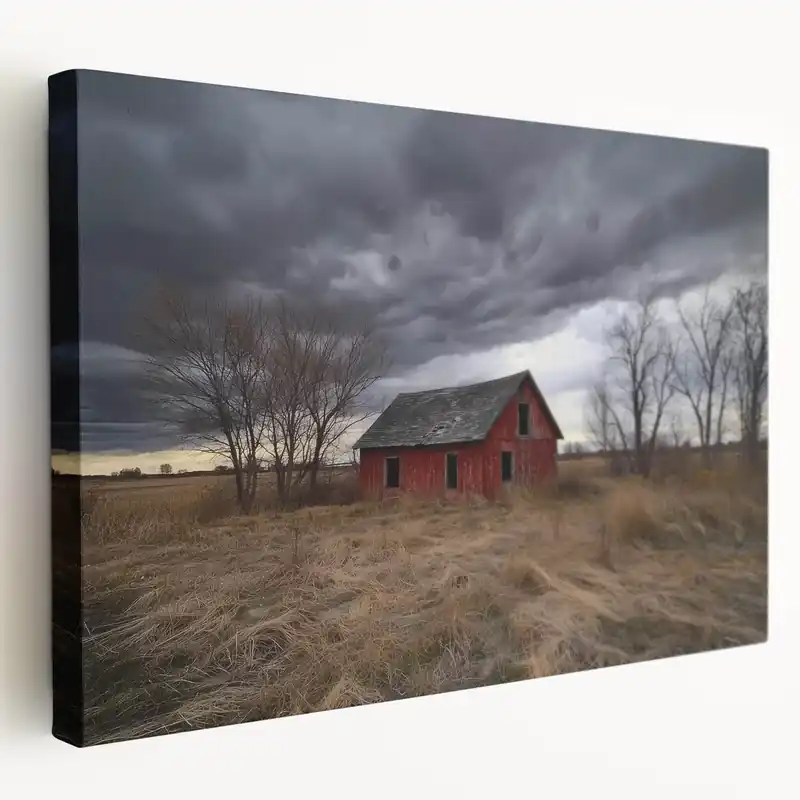 Rustic Red Barn Under Stormy Skies - Dramatic Farmhouse Wall Art Modern