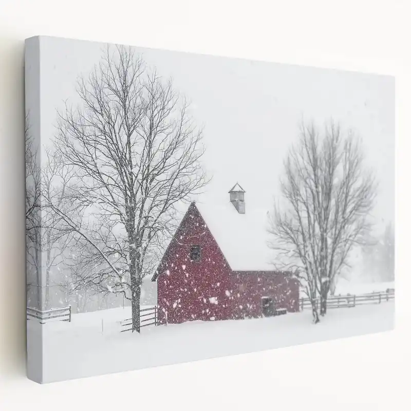 Snow Covered Red Barn - Winter Landscape Wall Art for Farmhouse Decor Seasonal Sale