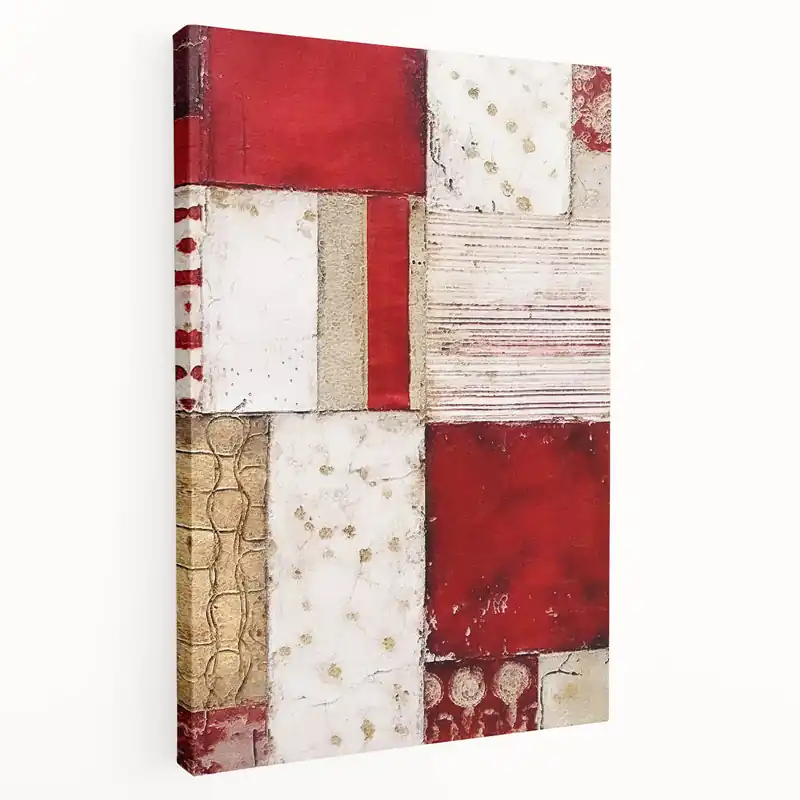Patchwork Abstract Line Art - Red, Gold, and Beige Canvas Print Money Back Guarantee