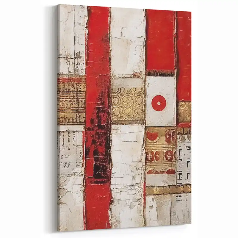 Fiery Passion Abstract Strokes Art – Red and Gold Geometric Canvas Print Warranty Included