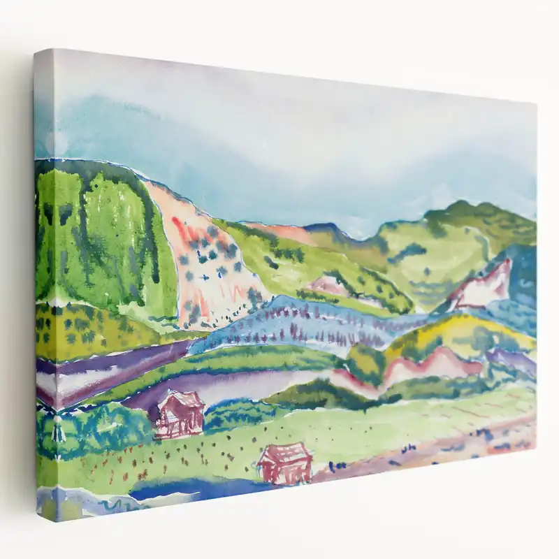 Brand New Modern Abstract Wall Art - Mountain Landscape with Red House - Contemporary Decor