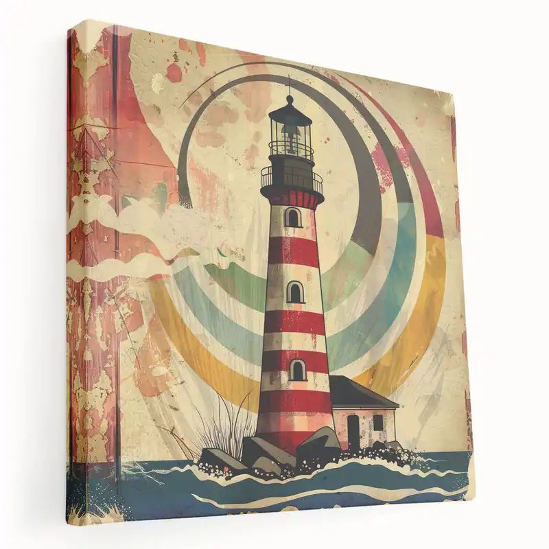 Original Bold Nautical Lighthouse Art Print - Vintage Coastal Wall Decor Canvas