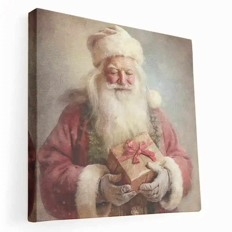 Same Day Shipping Christmas Wall Art - Santa with Festive Gift Holiday Canvas Print