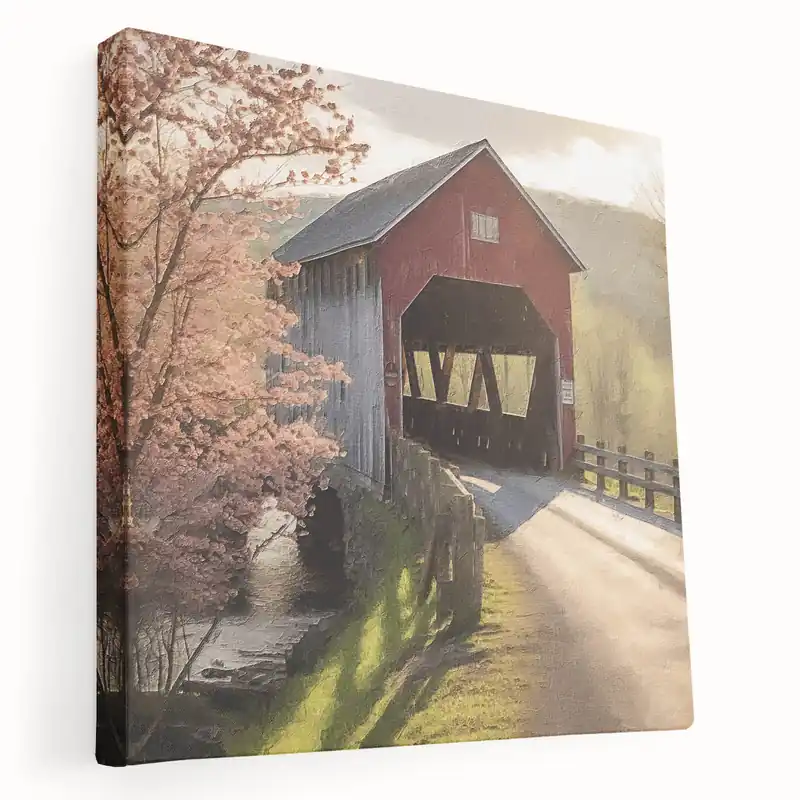Deal Red Covered Bridge Print - Vintage Architecture Scenic Canvas Art