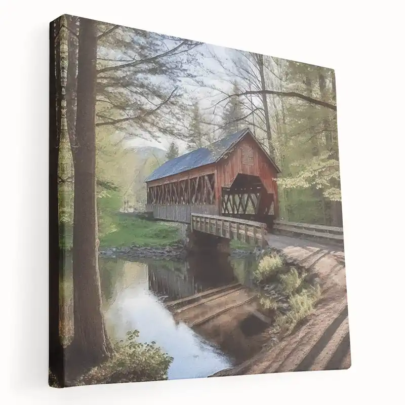 Time-Limited Red Vintage Bridge Art - Tranquil Woodland Stream Canvas Wall Decor