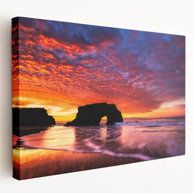 Santa Cruz Fiery Sunset Arch Wall Art - California Coastal Canvas Prints Money Back Guarantee