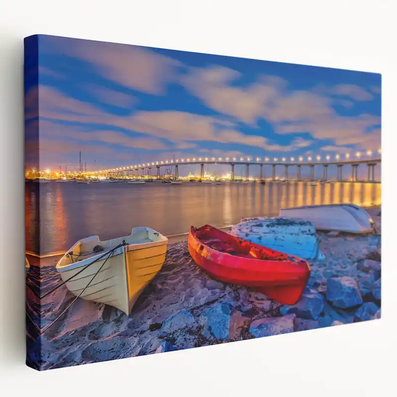 Premium San Diego Harbor at Night – Colorful Boats and Bridge Wall Art Decor