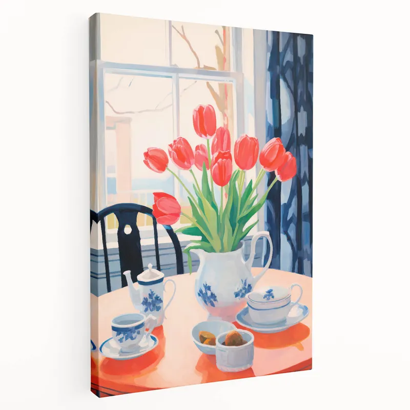 Top Rated Maximalist Floral Still Life Wall Art with Red Tulips and Tea Setting