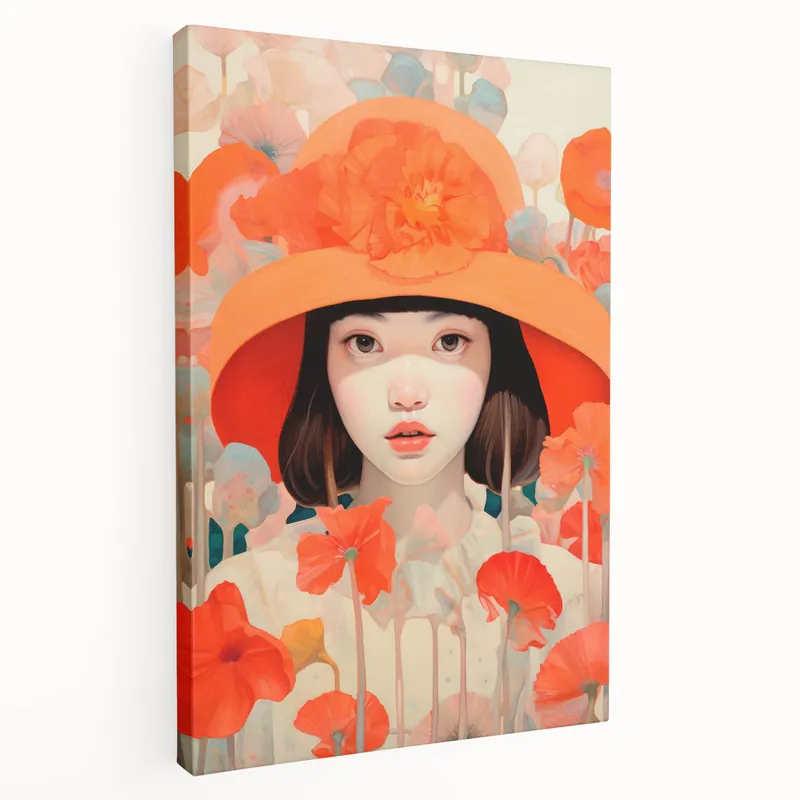Same Day Shipping Maximalist Wall Art - Bold Portrait with Vibrant Florals in Orange Tones