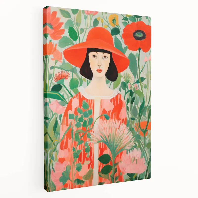 Price Drop Maximalist Wall Art - Bold Floral Portrait with Red Hat - Vibrant Decor